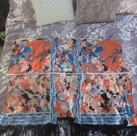 Chico's Floral Kimono Topper Ruana Fringe Orange Blue Black Size Small/Medium - Picture 14 of 16
